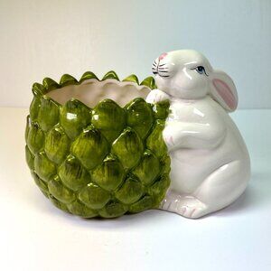 Vintage Bunny Rabbit Artichoke Cachepot Planter Ceramic Vase Spring Easter Bowl